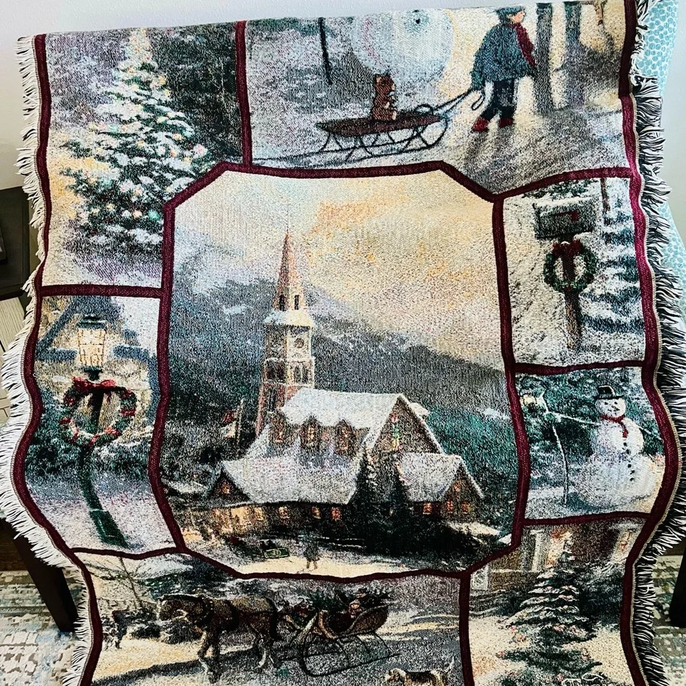 Thomas Kinkade Painter of Light Blanket with Winter Scenes, 100% Cotton